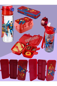 Optizon Lisanslı Termoslu Suluklu Yıkanabilir Superman Kırmızı Beslenme Çantası + Kalemlikli