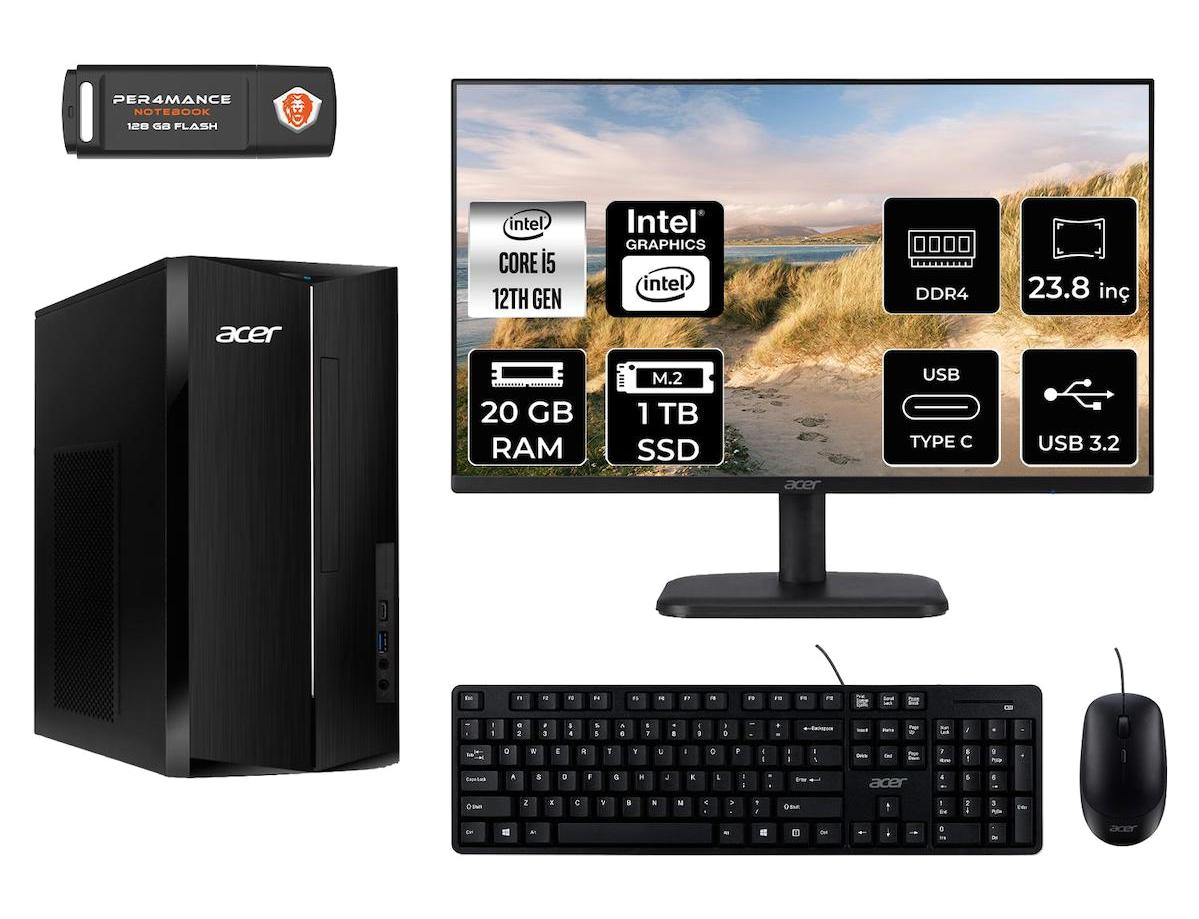 Acer Aspire TC1760 DT.BHUEM.005 Dahili Intel UHD Graphics Intel Core i5 12400 20 GB Ram 1 TB SSD Tower FreeDos 23.8 inç Monitörlü Masaüstü Bilgisayar
