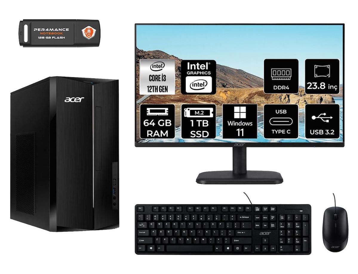 Acer Aspire TC1760 DT.BHUEM.004 Dahili Intel UHD Graphics Intel Core i3 12100 64 GB Ram 1 TB SSD Tower Windows 11 Pro 23.8 inç Monitörlü Masaüstü Bilgisayar