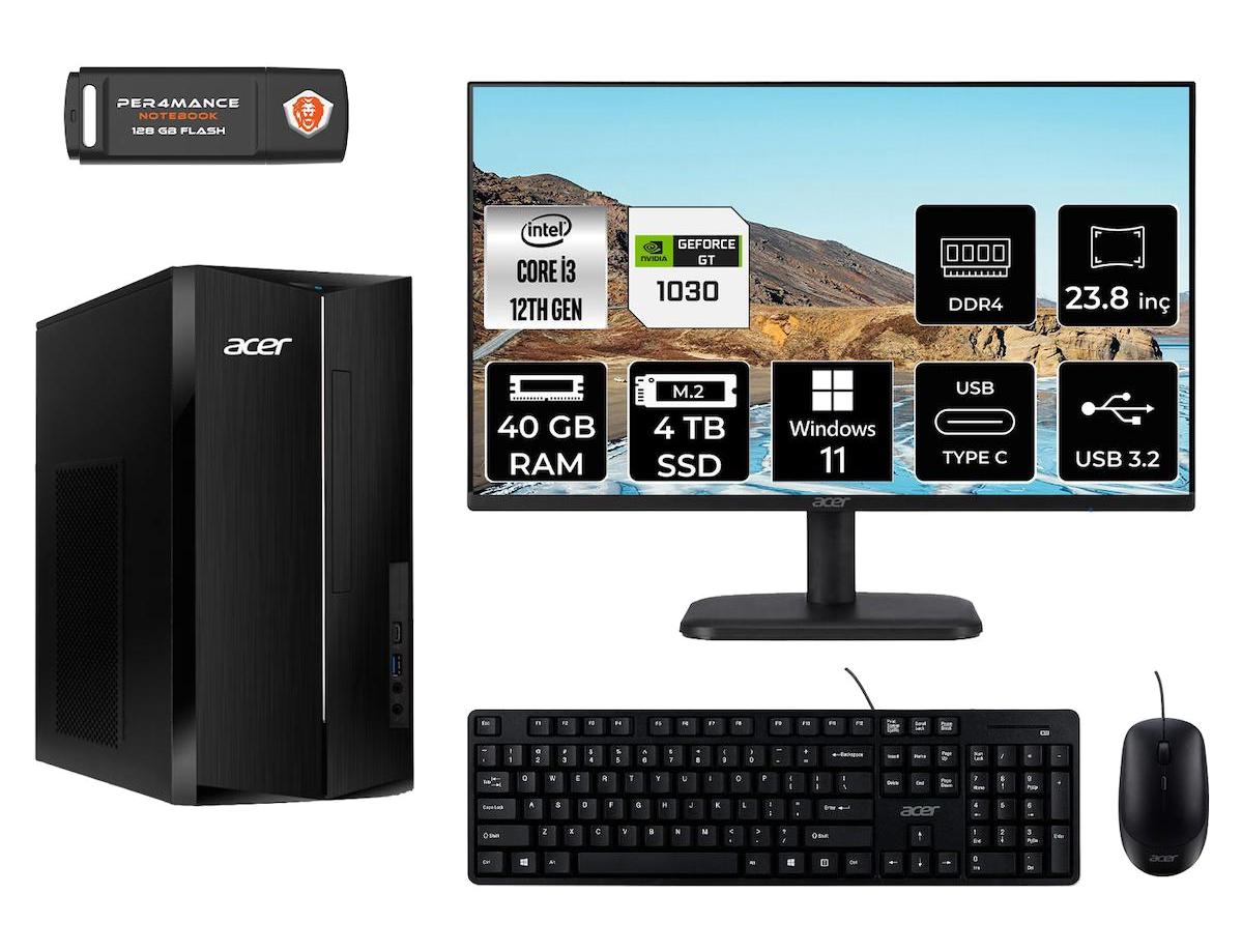 Acer Aspire TC1760 DT.BHUEM.004 Harici GeForce GT 1030 Intel Core i3 12100 40 GB Ram 4 TB SSD Tower Windows 11 Home 23.8 inç Monitörlü Masaüstü Bilgisayar