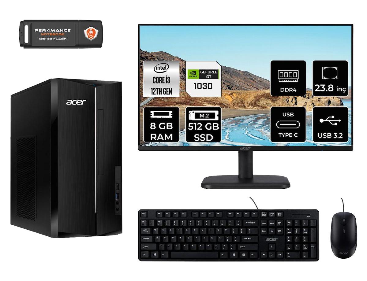 Acer Aspire TC1760 DT.BHUEM.004 Harici GeForce GT 1030 Intel Core i3 12100 8 GB Ram 512 GB SSD Tower FreeDos 23.8 inç Monitörlü Masaüstü Bilgisayar