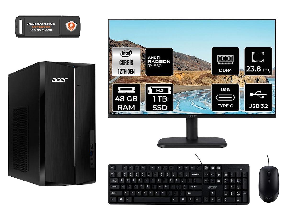 Acer Aspire TC1760 DT.BHUEM.004 Harici Radeon RX 550 Intel Core i3 12100 48 GB Ram 1 TB SSD Tower FreeDos 23.8 inç Monitörlü Masaüstü Bilgisayar