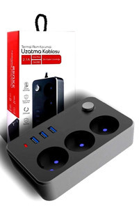 Aırstorr 2500 W Kalın Topraklı Anahtarlı Akım Korumalı 3'lü 2 m USB Uzatma Kablolu Priz Siyah