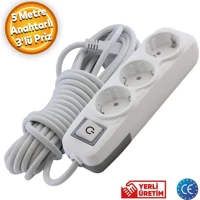 Grup Priz 3500 W Kalın Topraklı Anahtarlı 3'lü 5 m Uzatma Kablolu Priz Beyaz