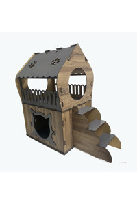 Nursoft Teraslı Dikdörtgen 2 Katlı Dış Mekan-İç Mekan Kedi Evi Ahşap Rengi-Gri