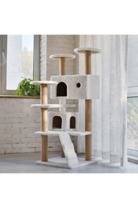 Nursoft Çok Katlı Kare 2 Katlı İç Mekan Kedi Evi Krem