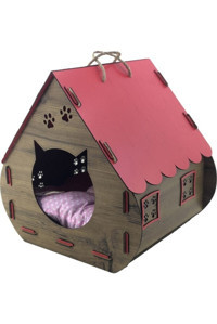 Life Hobi Dikdörtgen İç Mekan Kedi Evi Ahşap Rengi-Kırmızı