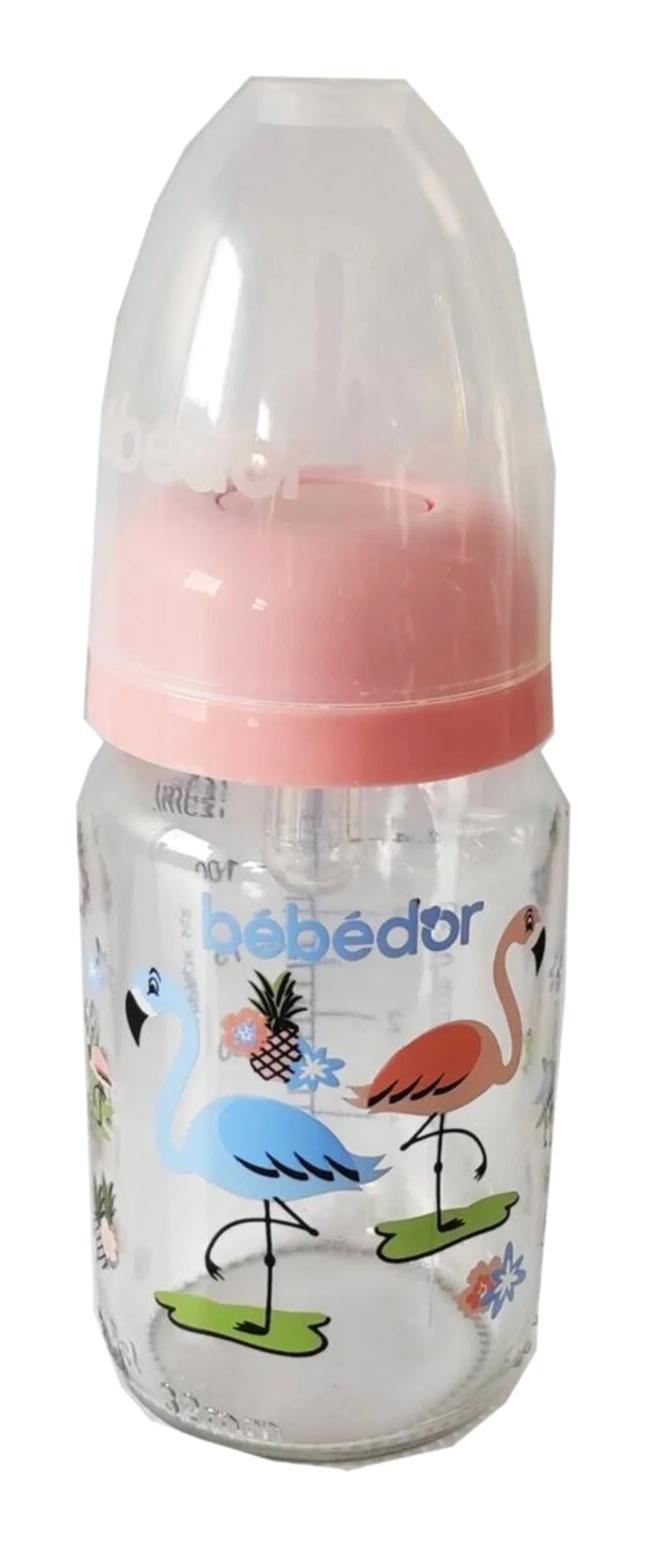 Bebedor 30302 Cam Yavaş Akışlı 3+ Ay Desenli Pembe Damaklı Biberon Seti 125 ml