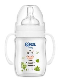 Wee Baby Safari Polipropilen Gaz Yapmayan Antikolik Yenidoğan Yavaş Akışlı Kulplu 0-6 Ay Desenli Gri Damaklı Biberon Seti 150 ml