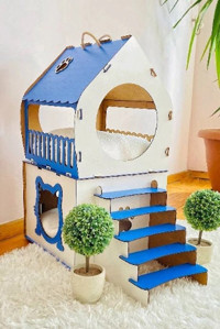Mabel Dikdörtgen 2 Katlı İç Mekan Kedi Evi Beyaz-Mavi
