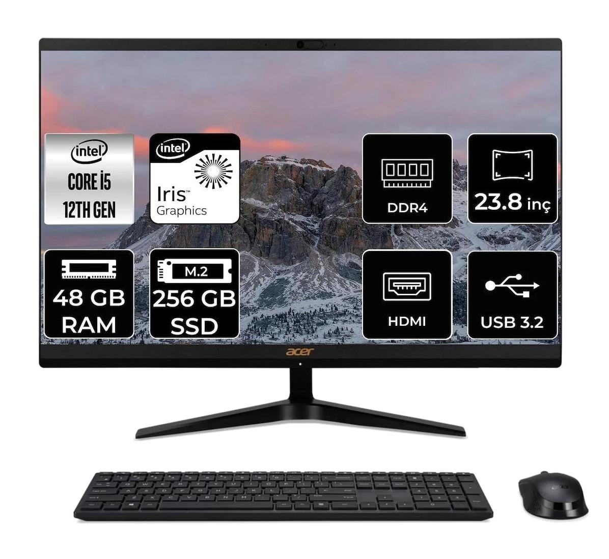Acer Aspire C24-1700 DQ.BJWEM.006 Dahili Iris Xe Graphics Intel Core i5 1235U 48 GB Ram 256 GB SSD 23.8 inç Full HD Freedos All In One Bilgisayar