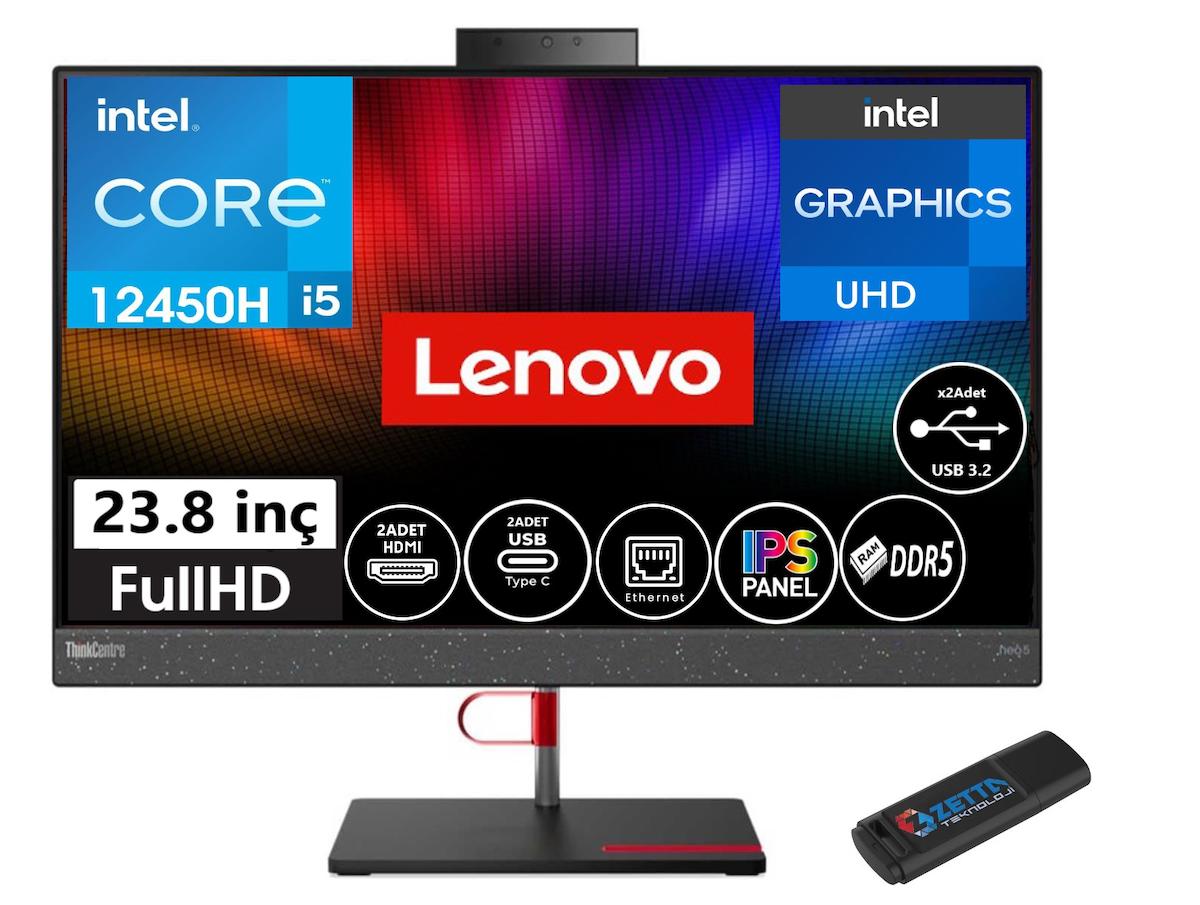 Lenovo ThinkCentre Neo 50A F12B800DHTX01 Dahili UHD Graphics Intel Core i5 12450H 16 GB Ram 512 GB SSD 23.8 inç Full HD Freedos All In One Bilgisayar + Zetta Flash Bellek