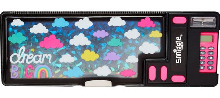 Smiggle Peppy Serisi Siyah Baskılı Bölmeli Hesap Makineli Katlanabilir Tek Gözlü Dikdörtgen Kutu Kalem Kutusu