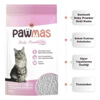 Pawmas Bebek Pudrası Kokulu Topaklanan İnce Taneli Bentonit Kedi Kumu 10 lt