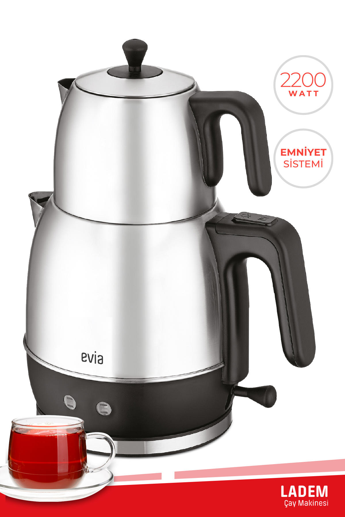 Evia EA-4309 Ladem Çelik Demlikli 2200 W Çelik Gövdeli İnox Çay Makinesi