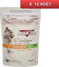 Bonacibo Kısırlaştırılmış Tavuk Parça Etli Yaş Kedi Maması 12x85 gr
