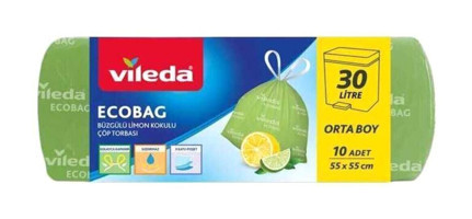 Vileda EcoBag Limonlu Kokulu Büzgülü Orta Boy 55x55 cm Çöp Poşeti 15 Adet Yeşil