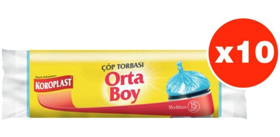 Koroplast Güçlü Büzgülü Orta Boy 55x60 cm Çöp Poşeti 15x10 Adet Mavi
