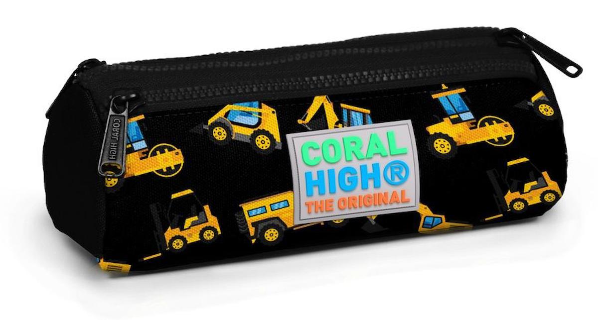 Coral High Kids Siyah Düz Bez Bölmeli 3 Gözlü İş Makineleri Oval Cüzdan Kalemlik