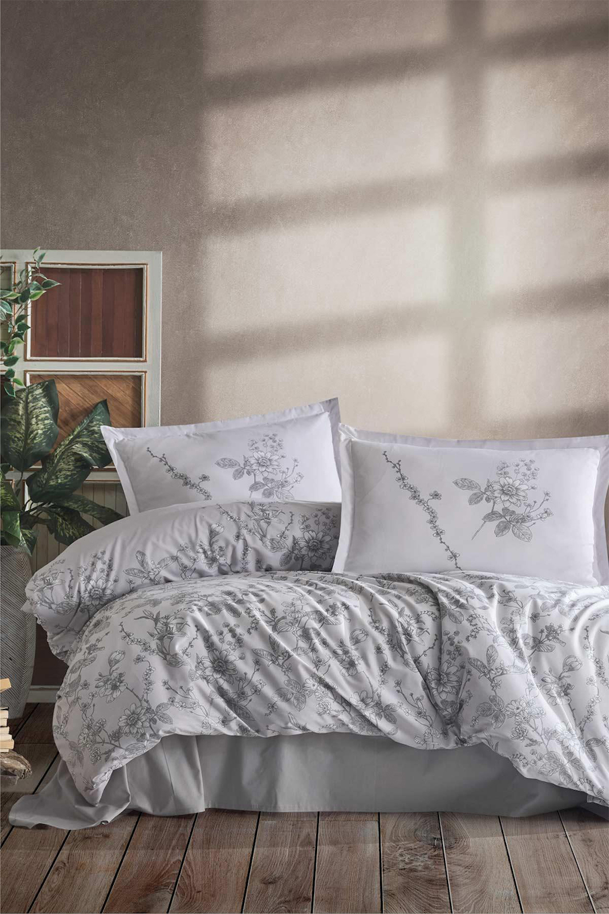 Clasy Messina Pamuk 160x220 cm Lastikli Çiçekli Tek Kişilik Nevresim Takımı Gri