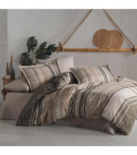 Clasy Modena Pamuk 160x220 cm Lastikli Çizgili Tek Kişilik Nevresim Takımı Bej