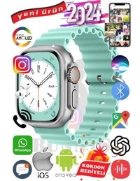 Bunnys Ultra Max 2024 Android GPS 49 mm Silikon Kordon Oval Unisex Akıllı Saat Turkuaz + Kordon Hediye