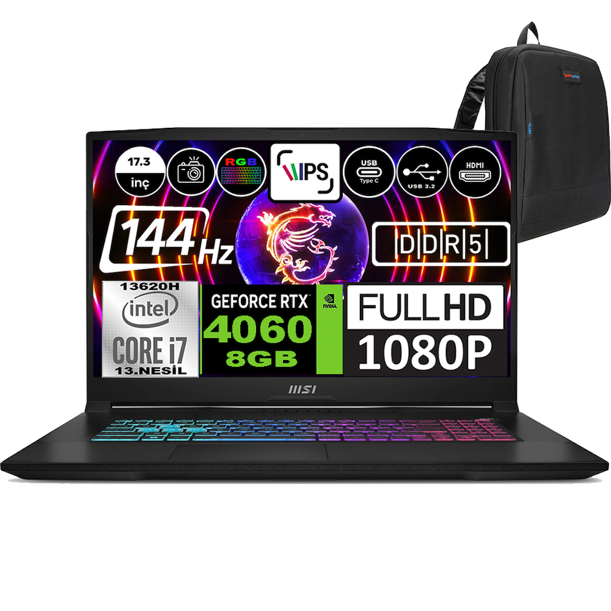 MSI Katana 17 B13VFK1037XTRWP11 Harici GeForce RTX 4060 Intel Core i7 13620H 64 GB Ram 2 + 2 TB SSD 17.3 inç Full HD Windows 11 Pro Oyuncu Laptop + Zetta Çanta