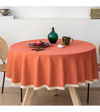 Zeren Home Güpür Detaylı Pamuk-Polyester 180 cm Dertsiz Yuvarlak Masa Örtüsü Kiremit