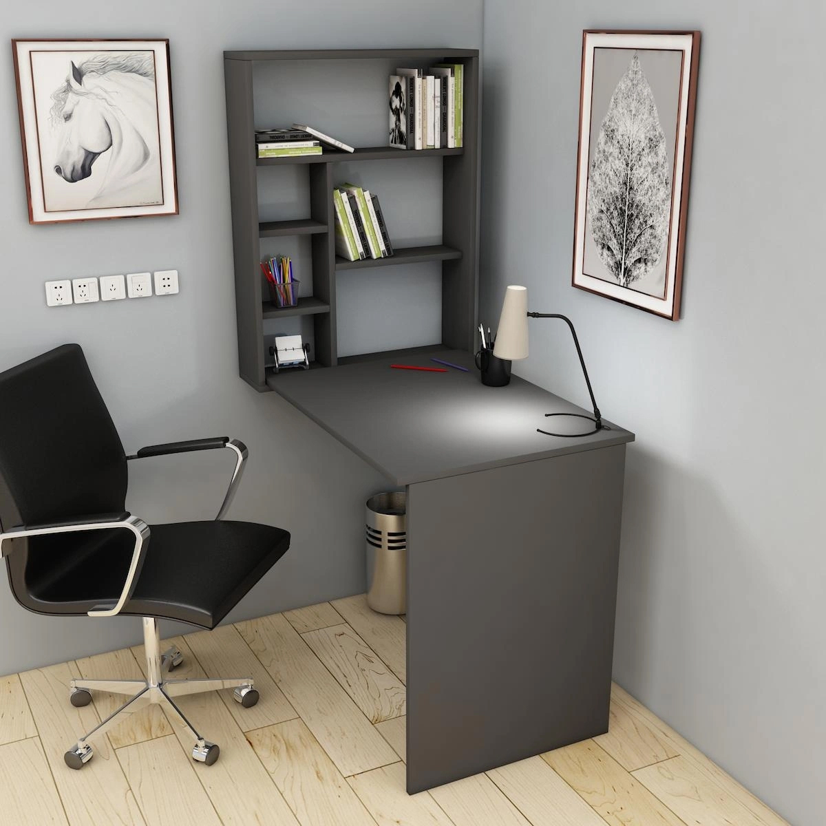 Arnetti Sedir KitaplıklıKatlanır 154.2x90x59 cm Ahşap Gövdeli Ayaklı Antrasit Çalışma Masası