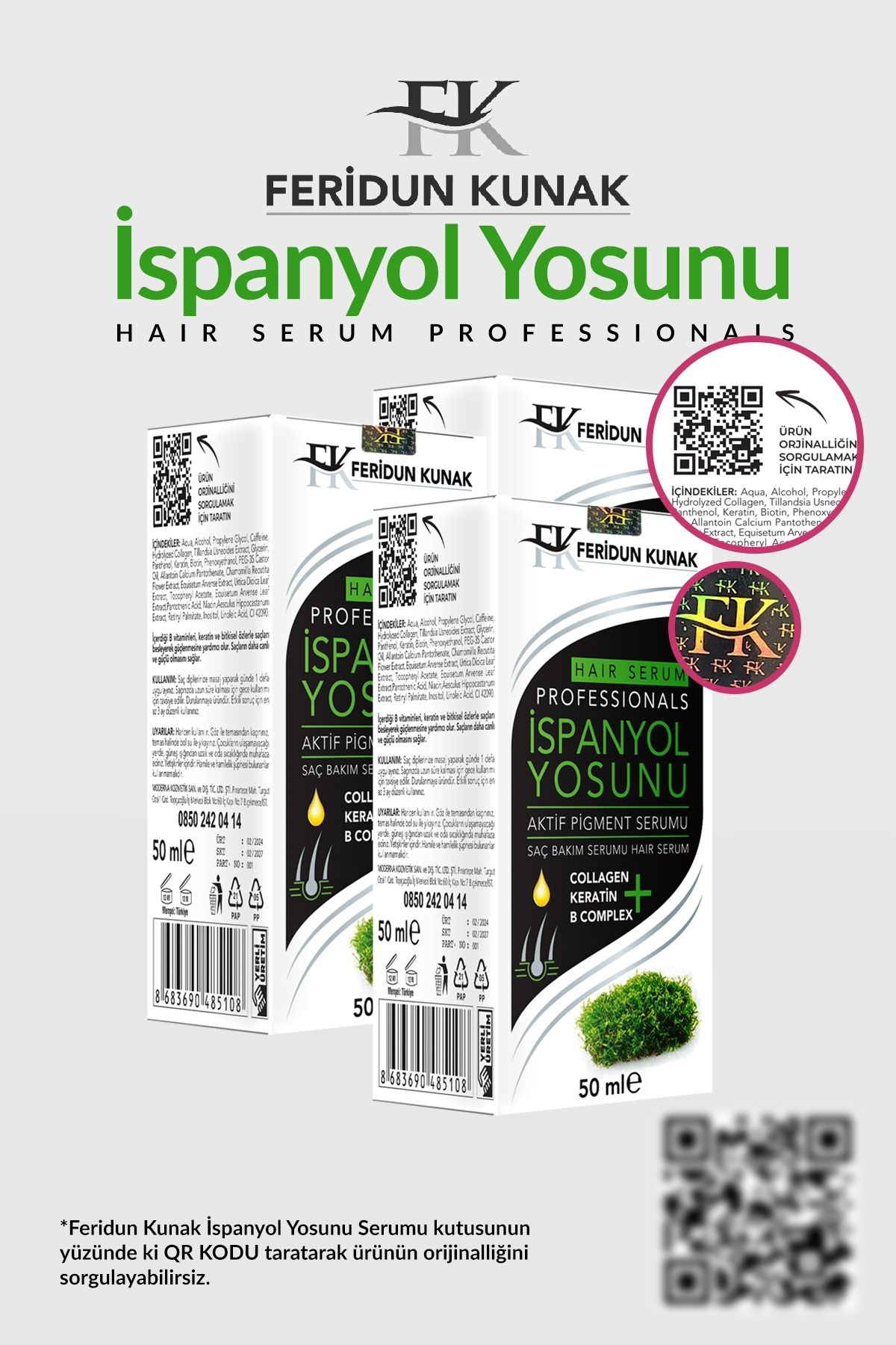 Feridun Kunak İspanyol Yosunu Onarıcı Keratin Saç Serumu 3x50 ml