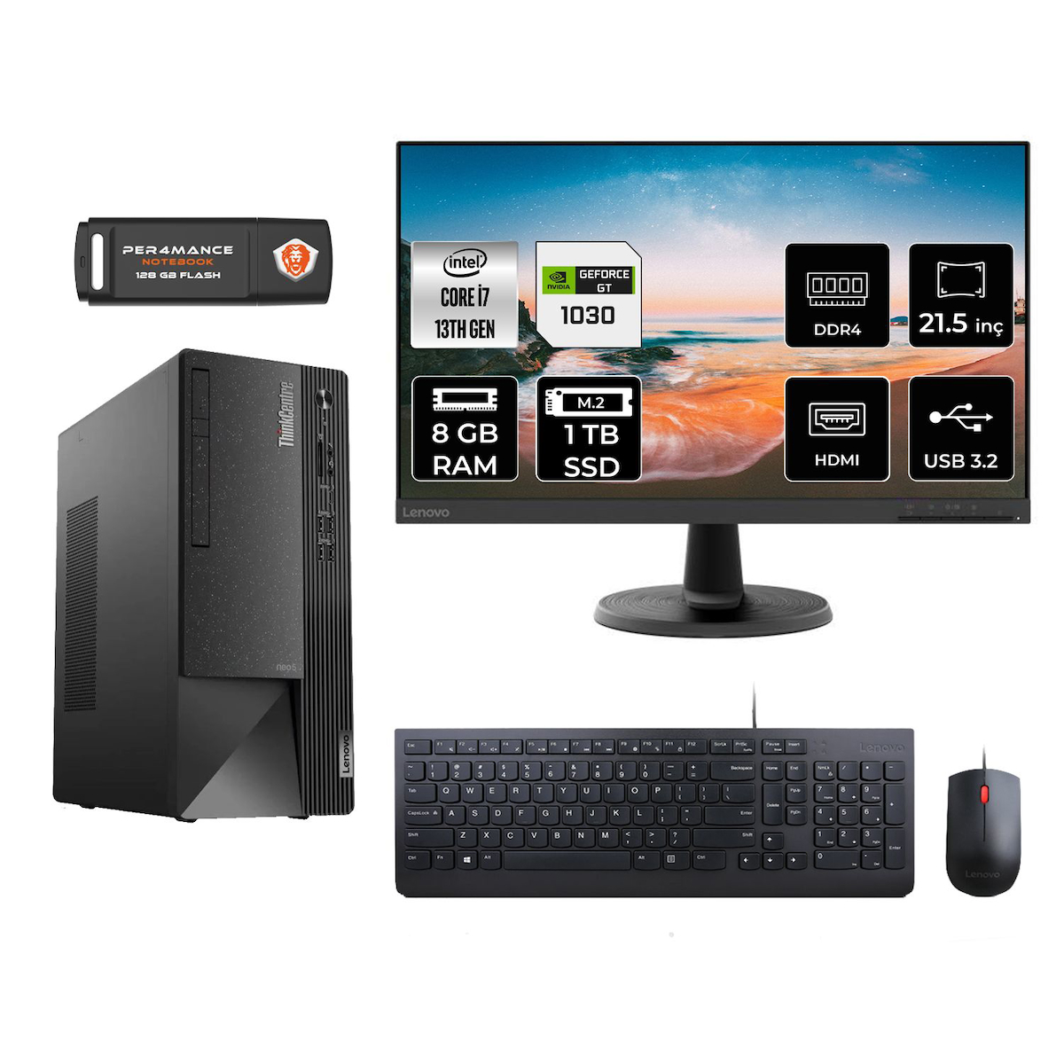 Lenovo Thinkcentre Neo 50T M08TRD453 Harici GeForce GT 1030 Intel Core i7 13700 8 GB Ram 1 TB SSD Tower FreeDos 21.5 inç Monitörlü Masaüstü Oyuncu Bilgisayarı