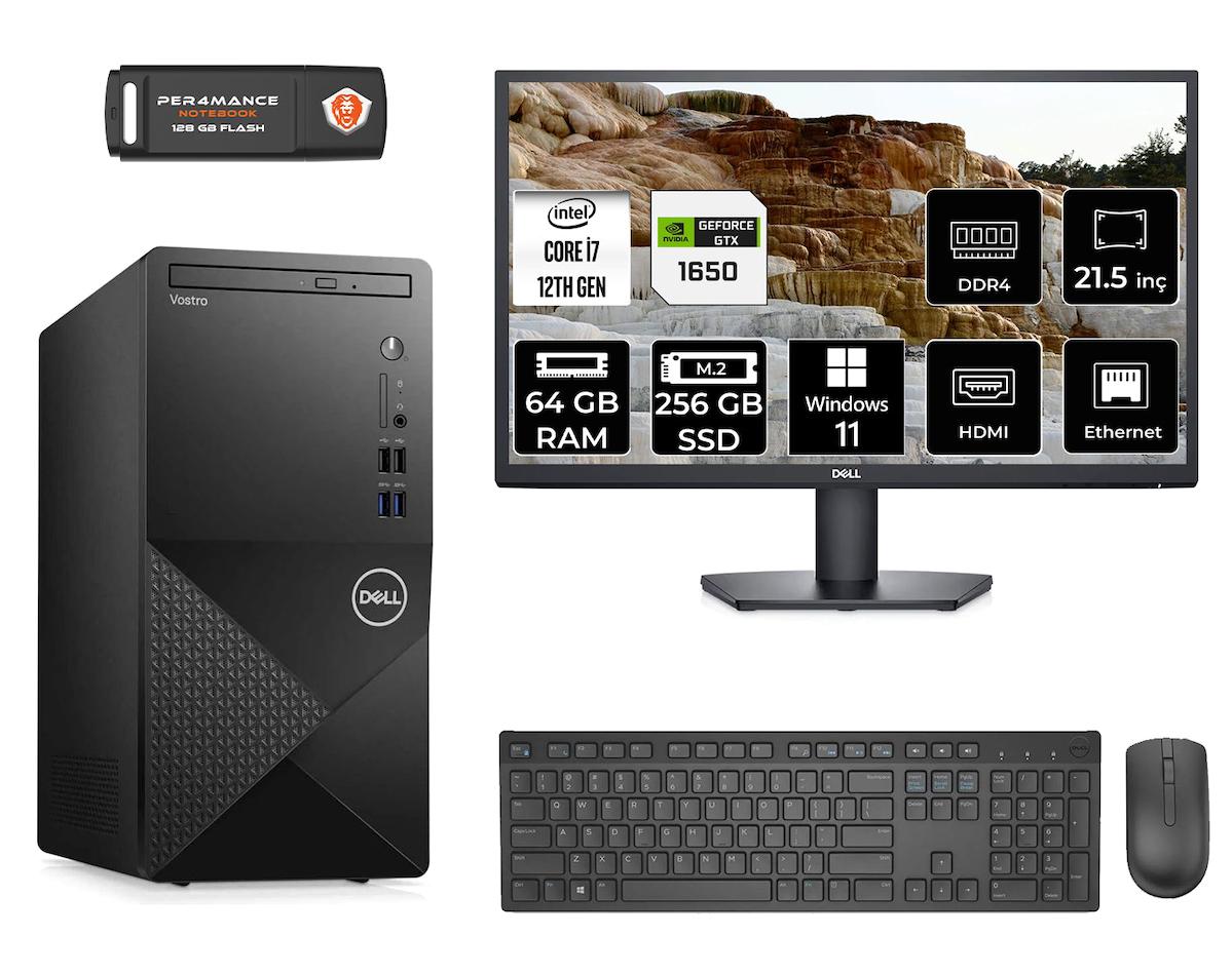 Dell Vostro 3910 MN753910D696 Harici GeForce GTX 1650 Intel Core i7 12700 64 GB Ram 256 GB SSD Tower Windows 11 Home 21.5 inç Monitörlü Masaüstü Oyuncu Bilgisayarı