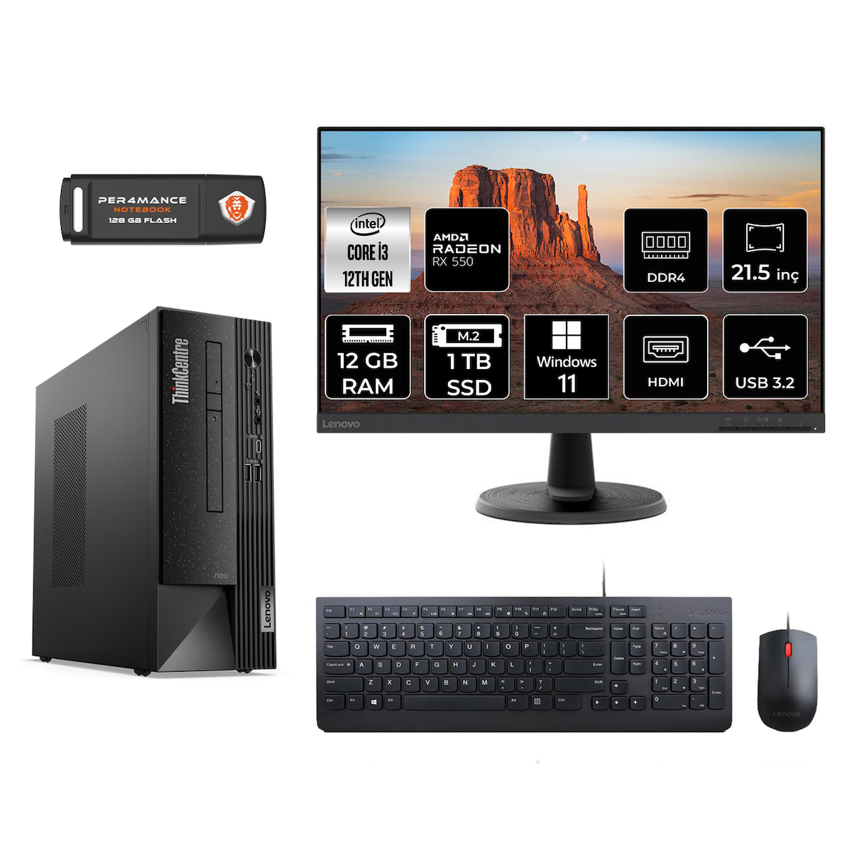 Lenovo Thinkcentre Neo 50S M02VTXD208 Harici Radeon RX 550 Intel Core i3 12100 12 GB Ram 1 TB SSD Tower Windows 11 Home 21.5 inç Monitörlü Masaüstü Oyuncu Bilgisayarı