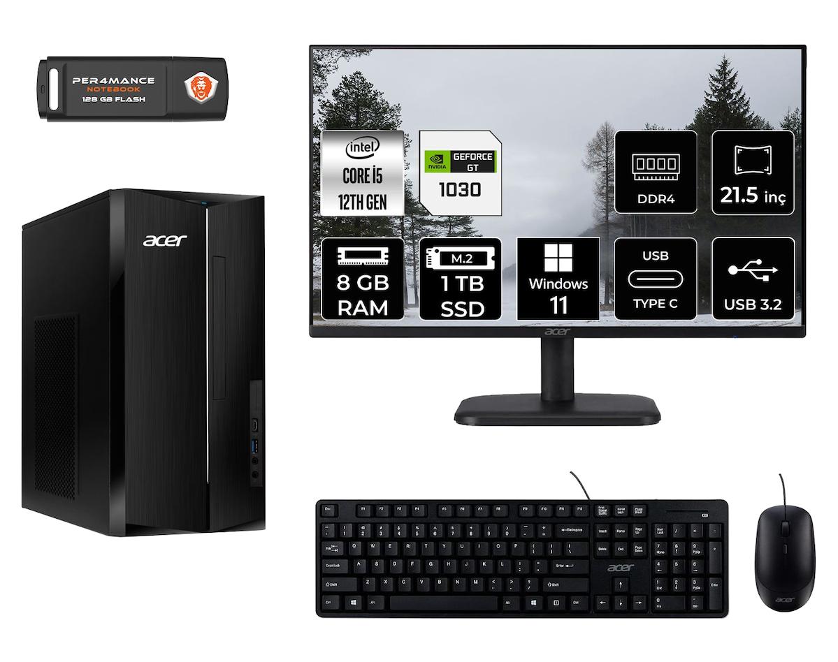 Acer Aspire TC1760 MDT005D503 Harici GeForce GT 1030 Intel Core i5 12400 8 GB Ram 1 TB SSD Tower Windows 11 Home 21.5 inç Monitörlü Masaüstü Oyuncu Bilgisayarı