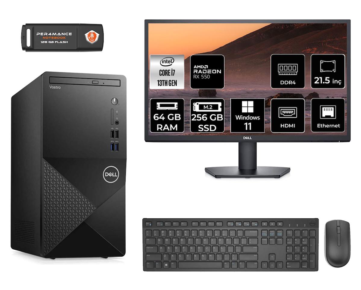 Dell Vostro 3020 MN3020D246 Harici Radeon RX 550 Intel Core i7 13700 64 GB Ram 256 GB SSD Tower Windows 11 Home 21.5 inç Monitörlü Masaüstü Oyuncu Bilgisayarı