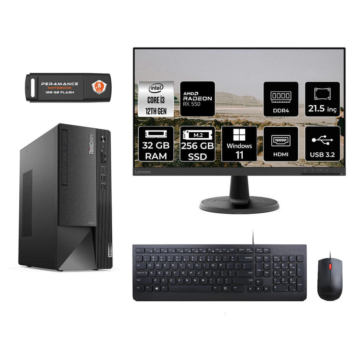 Lenovo Thinkcentre Neo 50T M01ATXD276 Harici Radeon RX 550 Intel Core i3 12100 32 GB Ram 256 GB SSD Tower Windows 11 Pro 21.5 inç Monitörlü Masaüstü Oyuncu Bilgisayarı