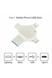 Baychip 4 In 1 BYL25 Şifreli Çift Taraflı USB 3.0 Lightning Usb Type-C Usb Micro-B 32 GB Flash Bellek Gri