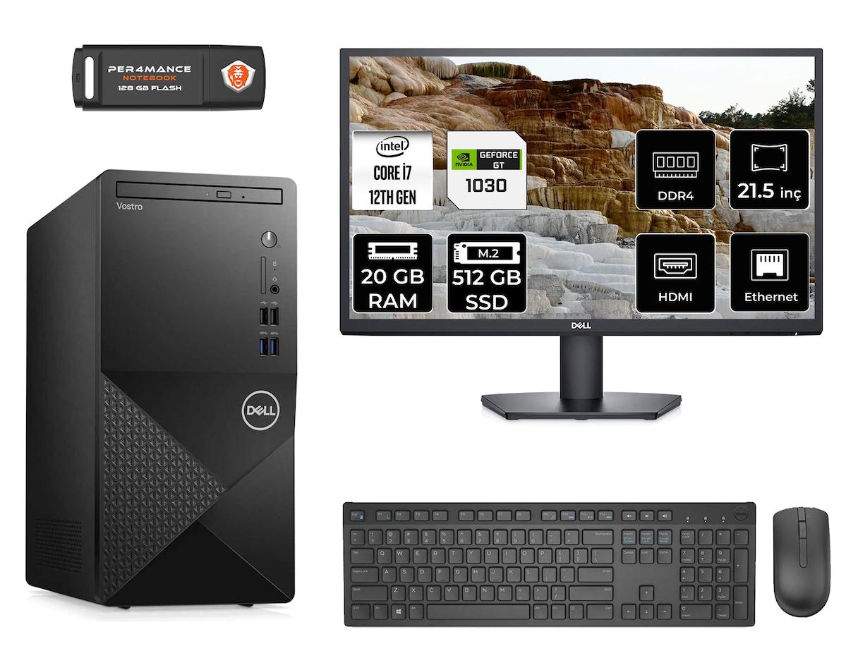 Dell Vostro 3910 MN753910D467 Harici GeForce GT 1030 Intel Core i7 12700 20 GB Ram 512 GB SSD Tower FreeDos 21.5 inç Monitörlü Masaüstü Oyuncu Bilgisayarı