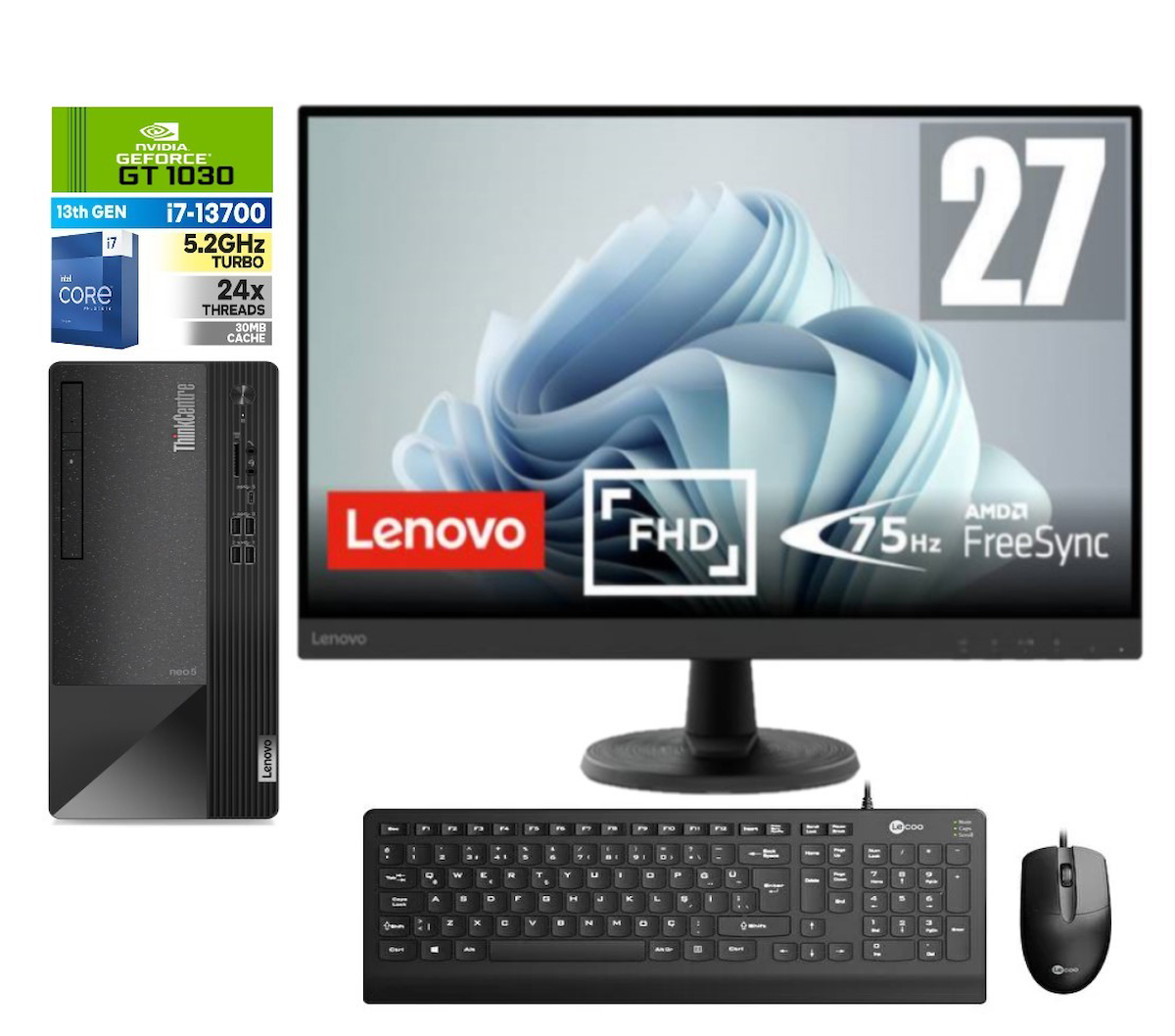 Lenovo Thinkcentre Neo 50T Gen 4 712JB005ATR60 Harici GeForce GT 1030 Intel Core i7 13700 64 GB Ram 4 TB SSD Tower Windows 11 Pro 27 inç Monitörlü Masaüstü Oyuncu Bilgisayarı + Zetta Flash Bellek