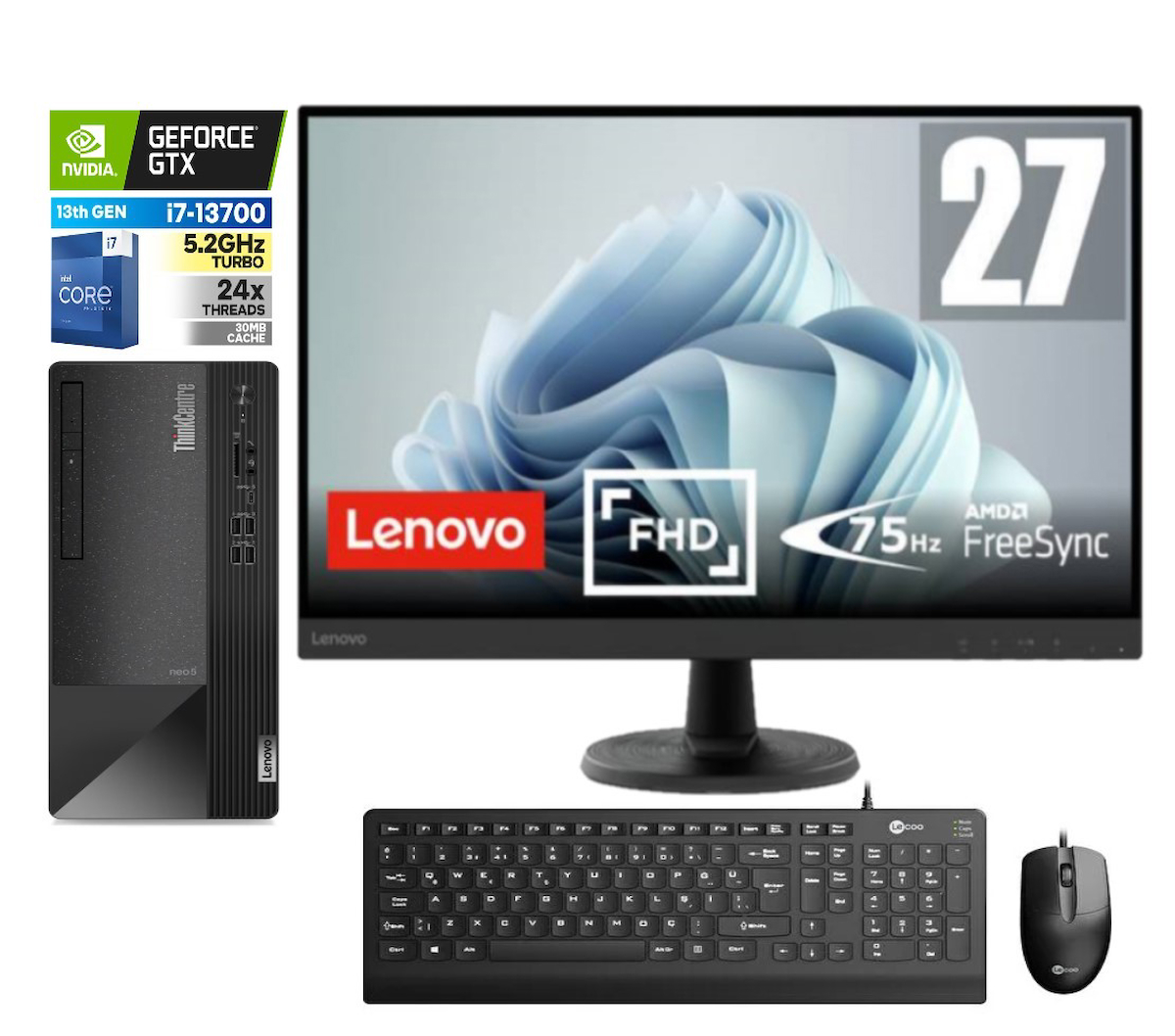 Lenovo Thinkcentre Neo 50T Gen 4 912JB005ATR17 Harici GeForce GTX 1650 Intel Core i7 13700 64 GB Ram 512 GB SSD Tower FreeDos 27 inç Monitörlü Masaüstü Oyuncu Bilgisayarı + Zetta Flash Bellek