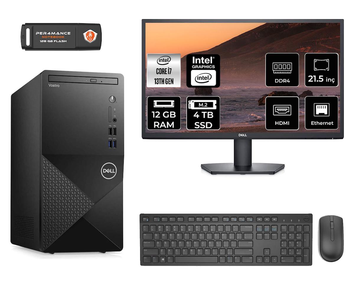 Dell Vostro 3020 MN3020D010 Dahili Intel UHD Graphics 770 Intel Core i7 13700 12 GB Ram 4 TB SSD Tower FreeDos 21.5 inç Monitörlü Masaüstü Bilgisayar