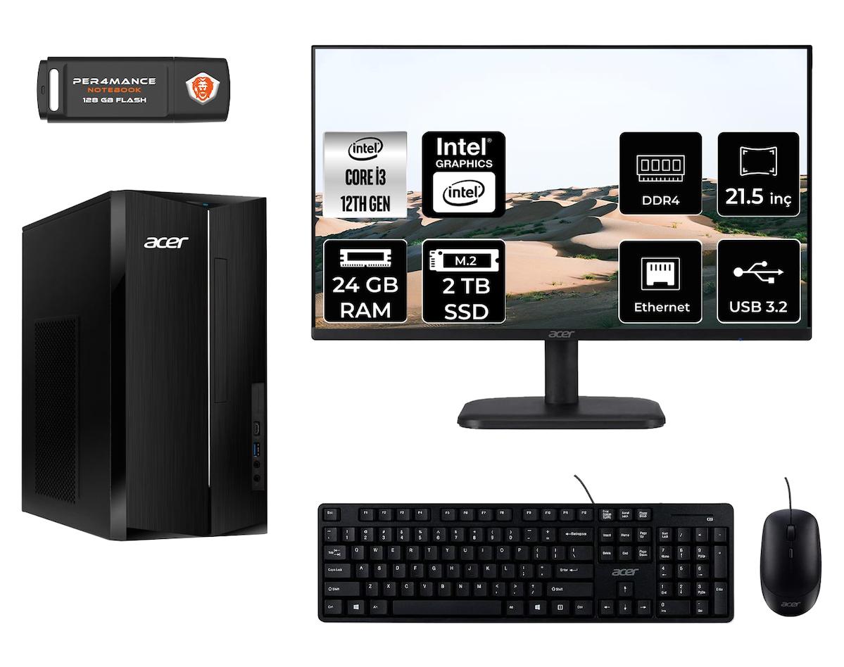 Acer Aspire TC1760 MDT004D024 Dahili Intel UHD Graphics 730 Intel Core i3 12100 24 GB Ram 2 TB SSD Tower FreeDos 21.5 inç Monitörlü Masaüstü Bilgisayar