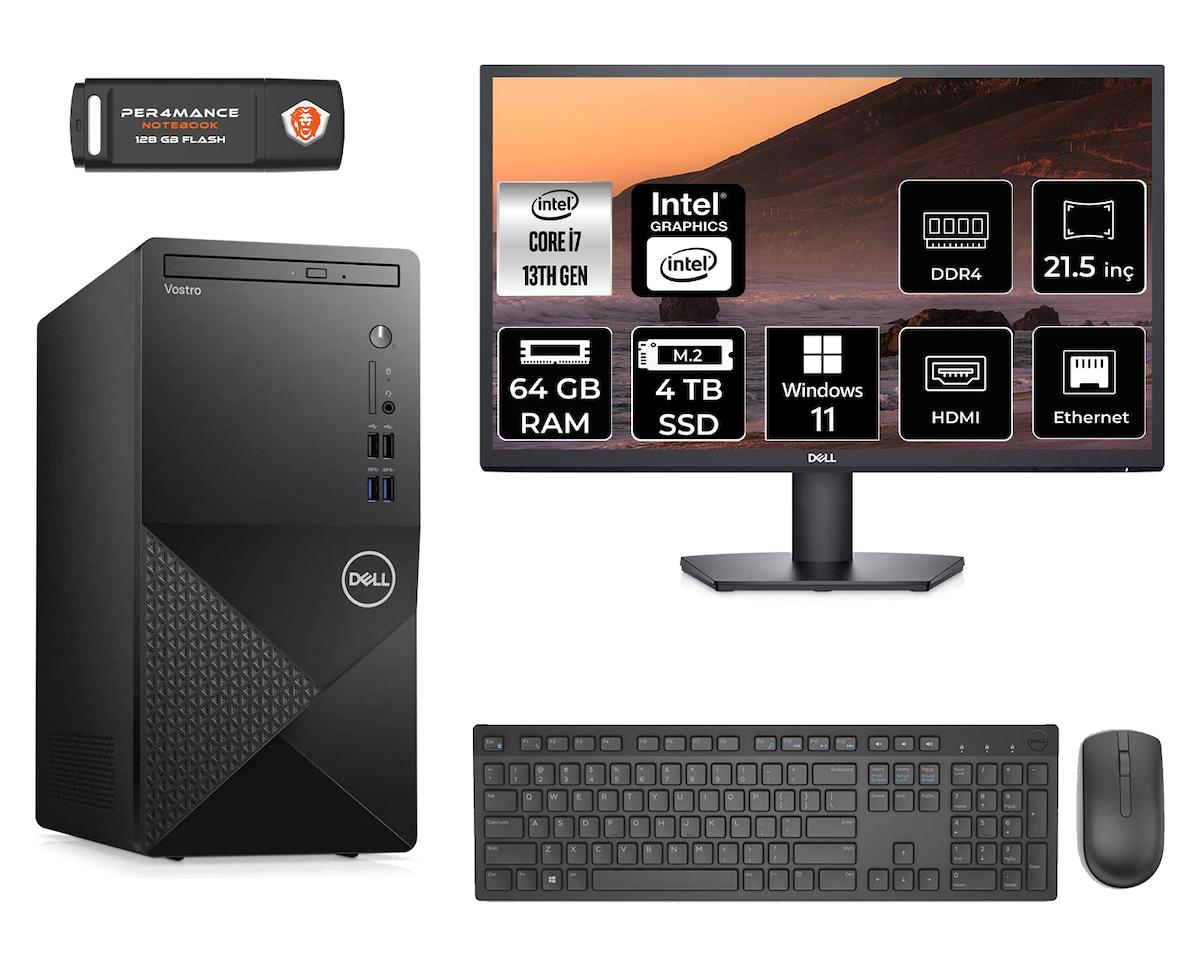 Dell Vostro 3020 MN3020D100 Dahili Intel UHD Graphics 770 Intel Core i7 13700 64 GB Ram 4 TB SSD Tower Windows 11 Home 21.5 inç Monitörlü Masaüstü Bilgisayar