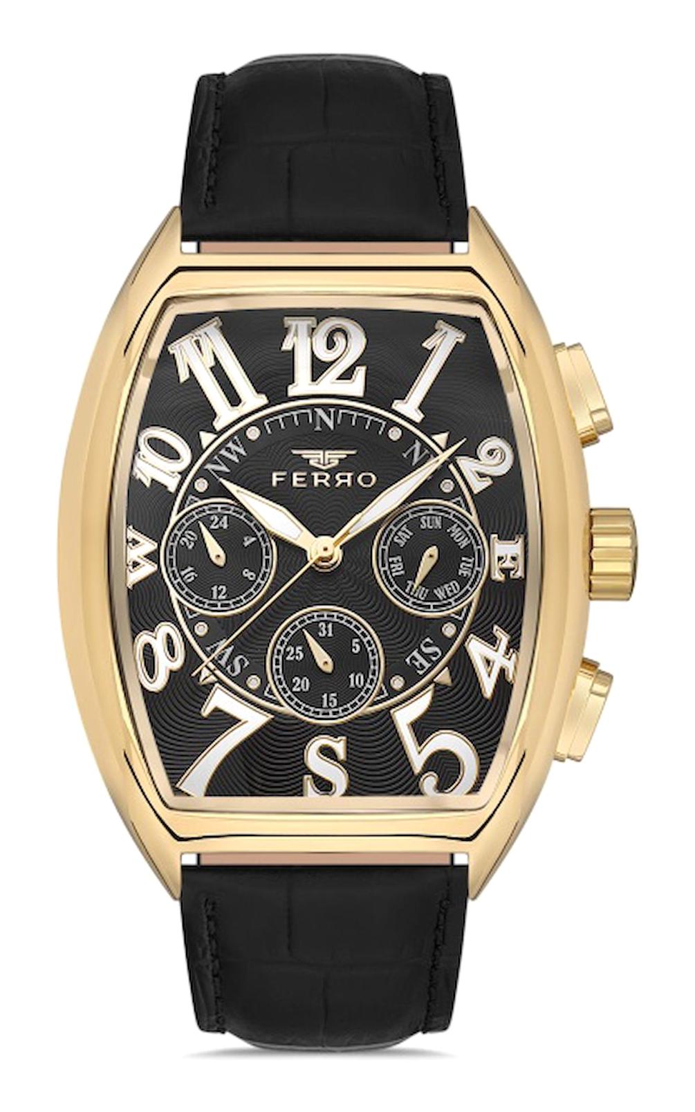 Ferro FM11447B-N2 Takvimli 42 mm Siyah Deri Kordon Analog Erkek Kol Saati