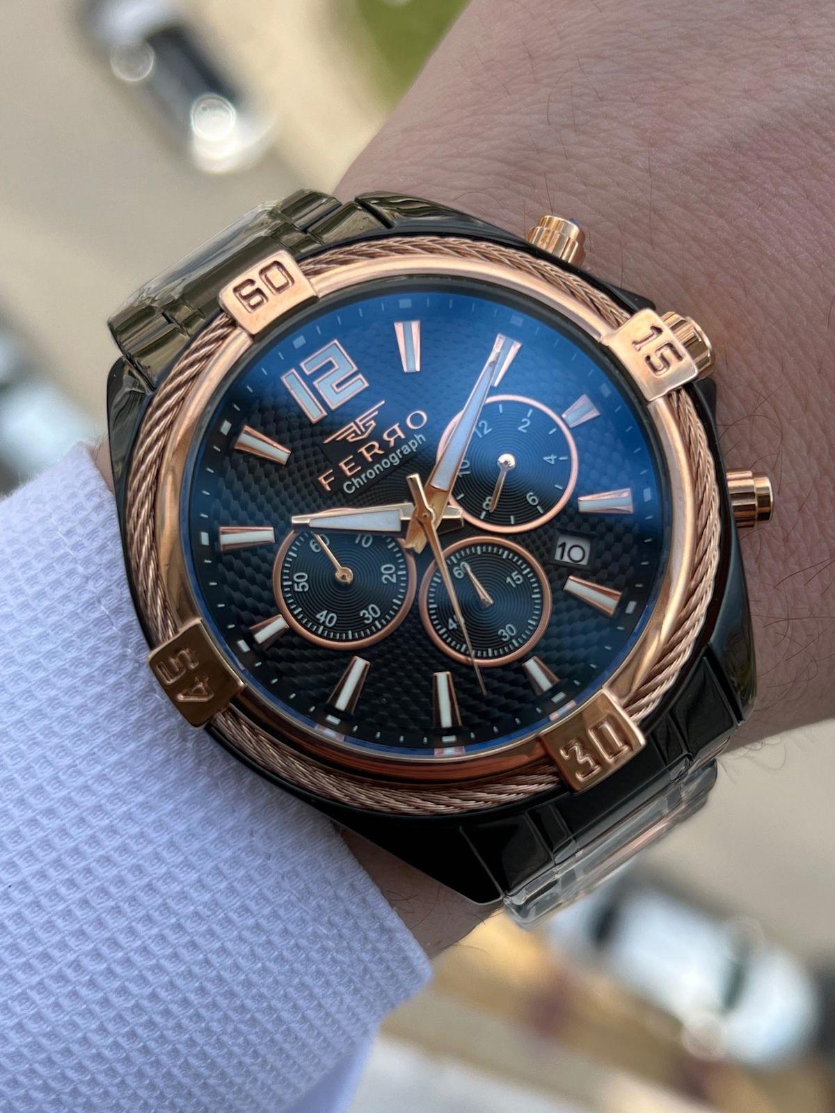 Ferro XF009 Su Geçirmez Takvimli Siyah Çelik Kordon Analog Erkek Kol Saati