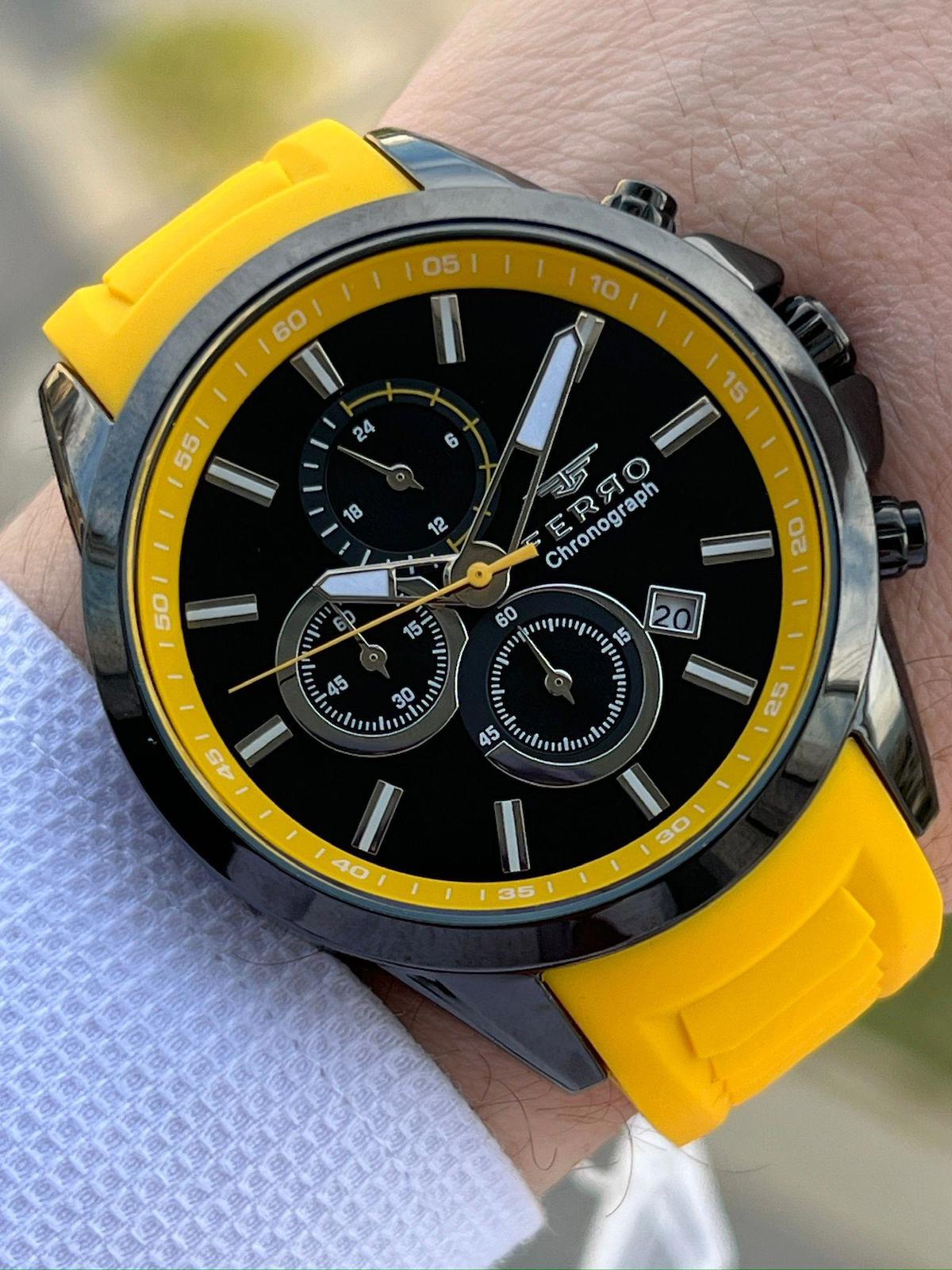 Ferro EF31359-ZN Su Geçirmez Takvimli 44 mm Sarı Silikon Kordon Analog Erkek Kol Saati