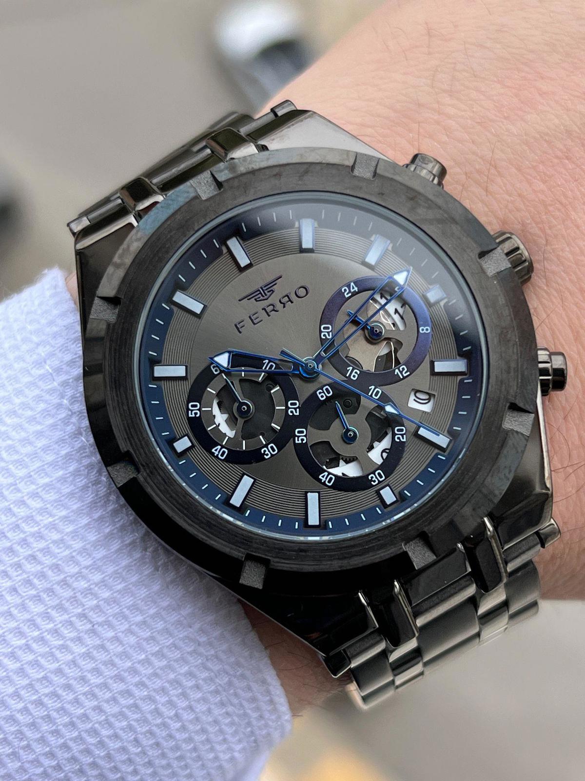 Ferro XF0038 Su Geçirmez Takvimli 44 mm Kahverengi Çelik Kordon Analog Erkek Kol Saati