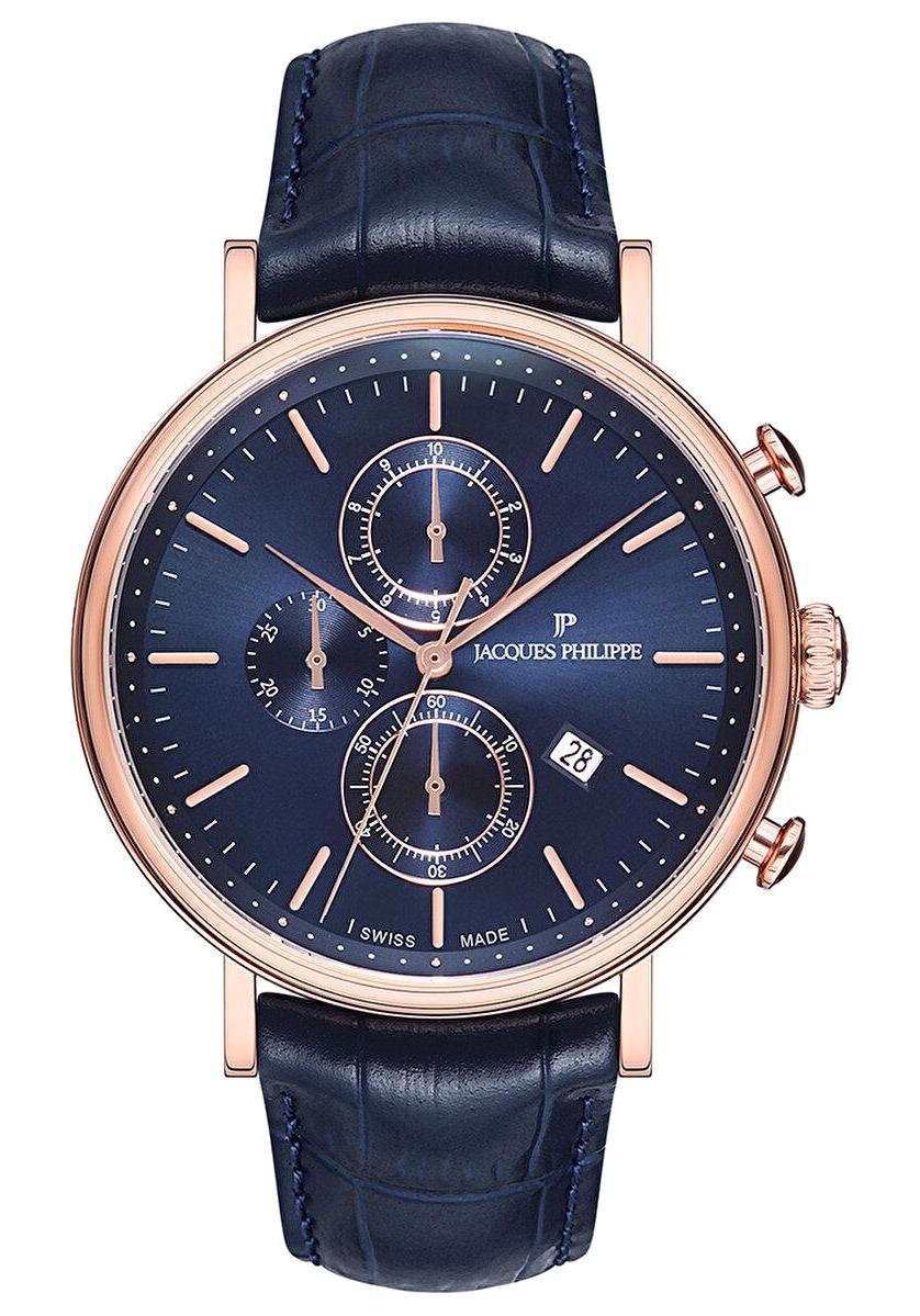 Jacques Philippe JPQGC023132 Takvimli 44 mm Lacivert Deri Kordon Analog Erkek Kol Saati