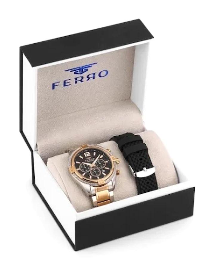 Ferro TH-FM31248DA-E2 Takvimli 42 mm Altın-Çelik - Silikon Kordon Analog Erkek Kol Saati