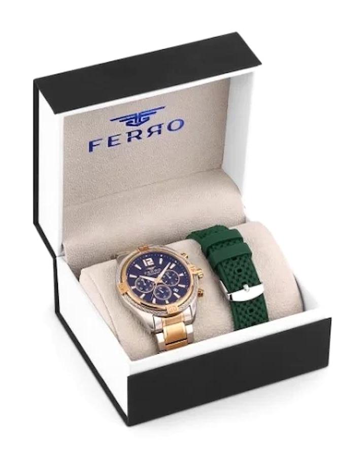 Ferro TH-FM31248DA-E3 Takvimli 44 mm Altın-Çelik - Silikon Kordon Analog Erkek Kol Saati